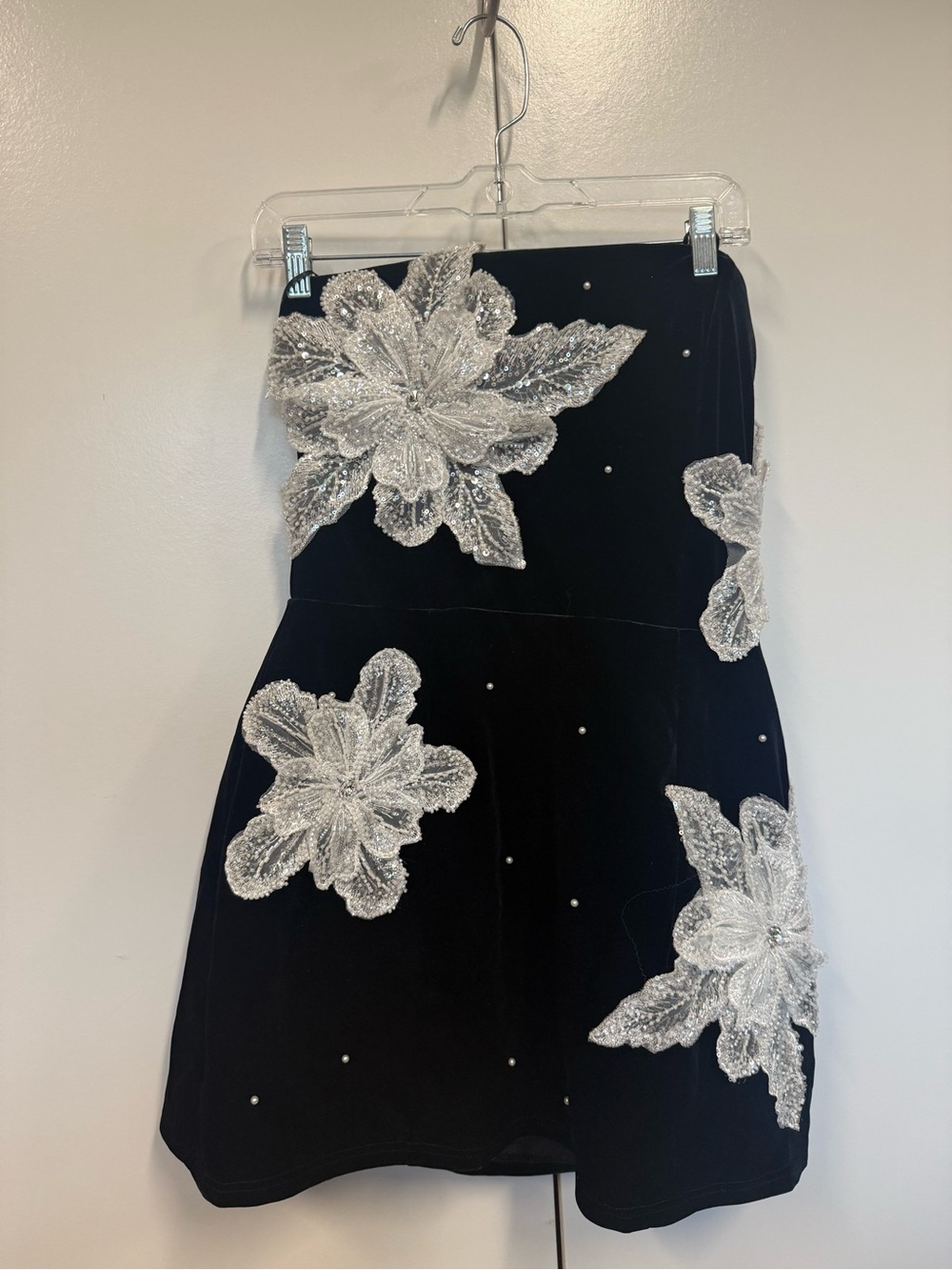 Blithe Black velvet Strapless Dress. Floral Appliqués.  Sexy, wedding, prom.